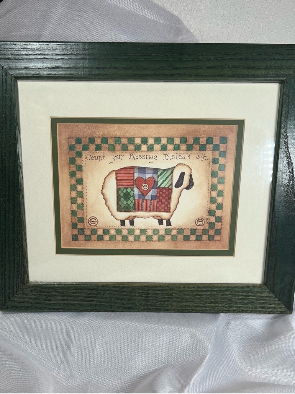 Vintage Primitive Folk Art Framed Sheep Print “Count Your Blessings” 10x12